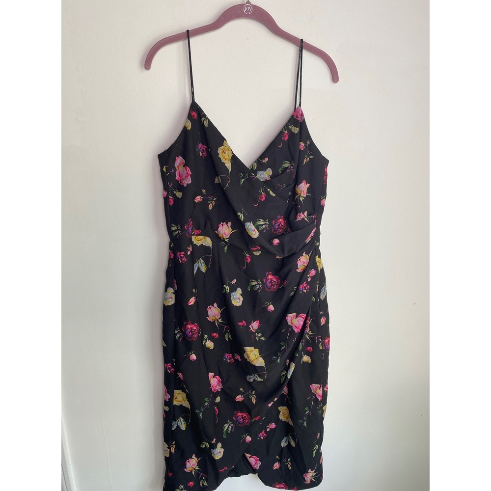 Flor Et Al Black Floral Ruched Bust Spaghetti Strap Sheath Dress‎ Size 12